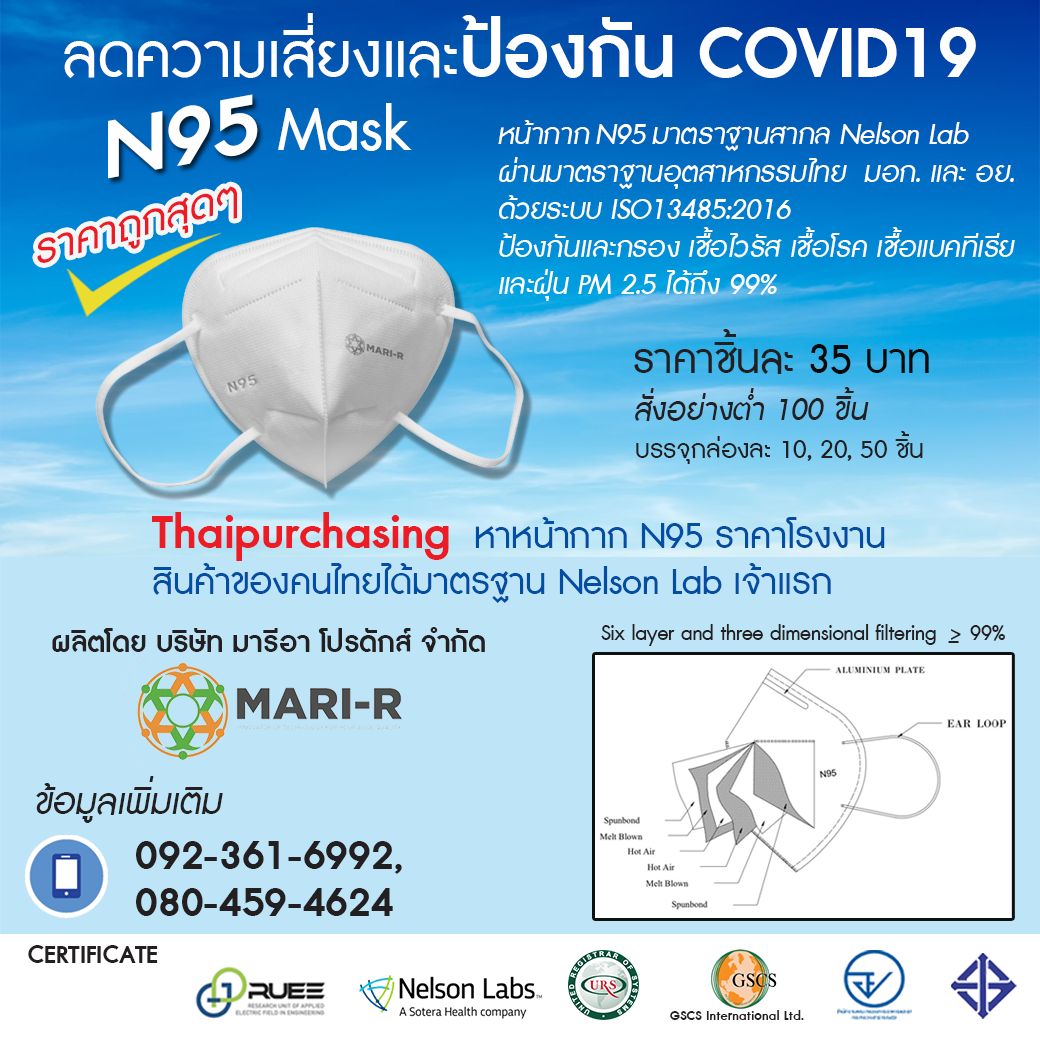 ข่าวดี...หน้ากาก N95 สินค้าไทยมาตรฐานสากลได้รับการรับรองจาก Nelson Labs โดย บริษัทมารีอา โปรดักส์ จำกัด 